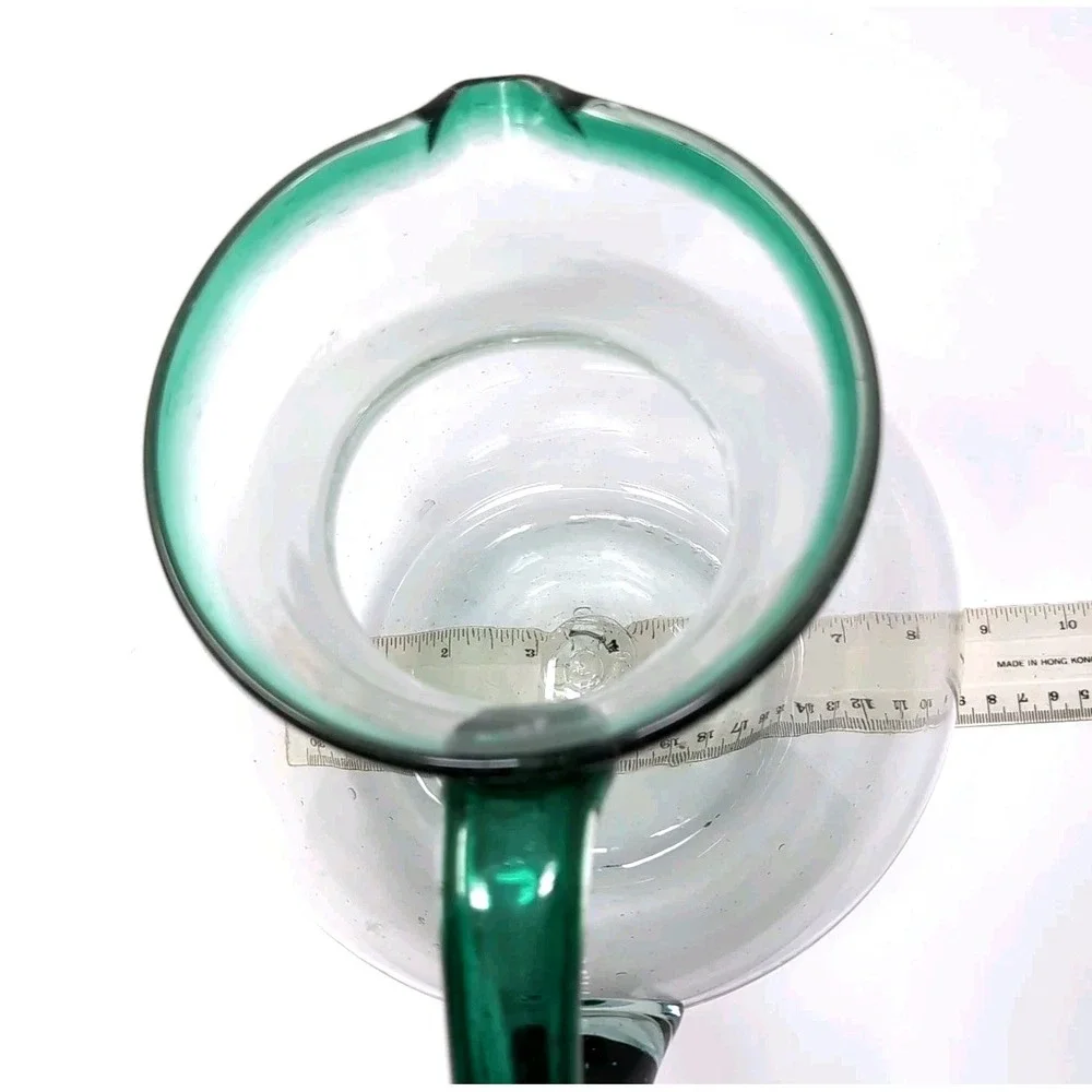 Mexican Hand Blown Glass Margarita Pitcher Vase Clear/Emerald Green Rim & Handle